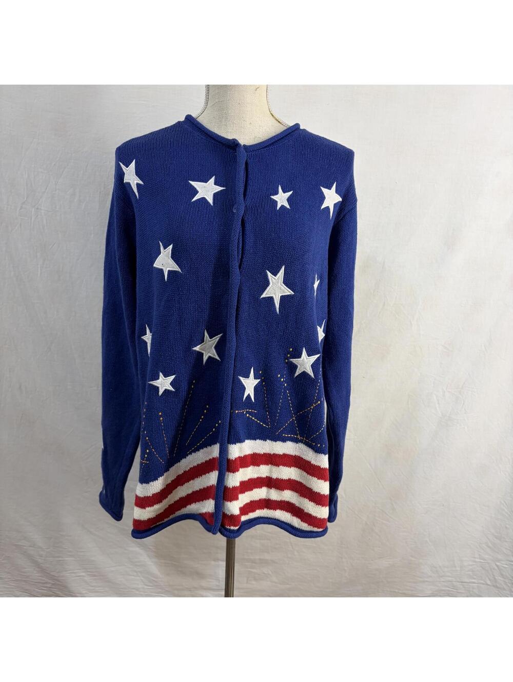 Patriotic American Flag knit cardigan size medium vintage 90s by Quacker Factory - Picture 1 of 6